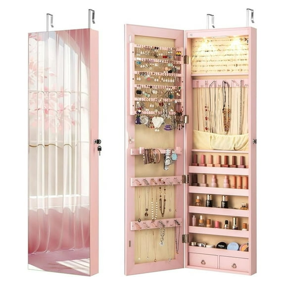 WDZS Wall Door Mounted Jewelry Armoire Cabinet with 47.5" Full Length Mirror, 2 LEDs Lockable Jewelry Organizers and Storage, Over the Door Jewelry Organizer Cabinet with 2 Drawers (Light Pink)