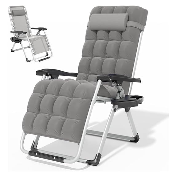 WDZS Zero Gravity Chair with Cushion, Reclining Outdoor Patio Lounge Chair, Folding Indoor Anti Gravity Recliner, Portable Lounger with Removable Cup Holder Side Tray and Pillow Headrest (Grey)
