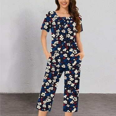 WDZUDU Women's Capri Pajama Sets Fashion Print Nightwear Short Sleeve Top Pants with Pockets 2 Piece Sleepwear Comfort Loungewear