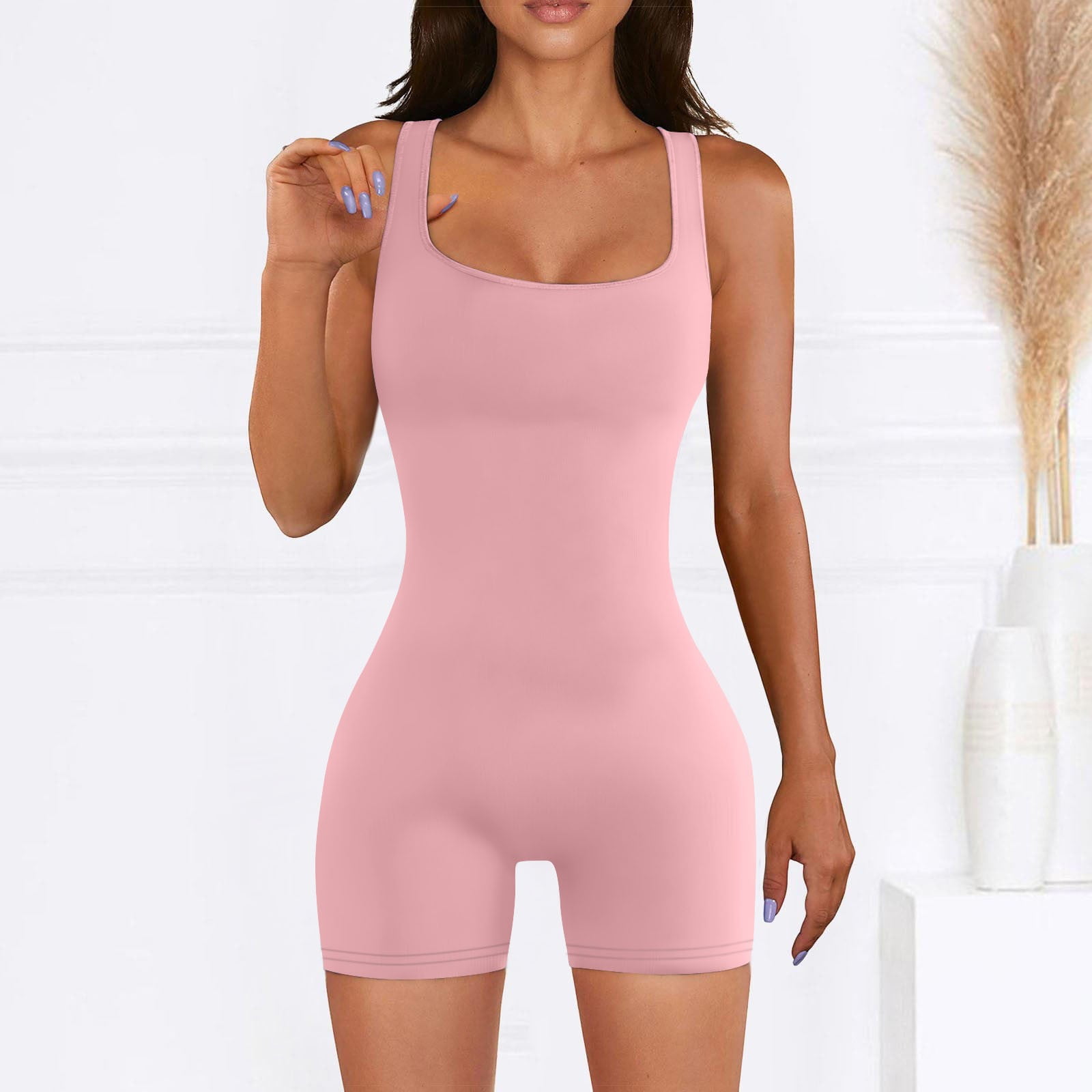 WDZUDU Women's Sleeveless Unitard Bodysuit Summer Solid Color Workout ...