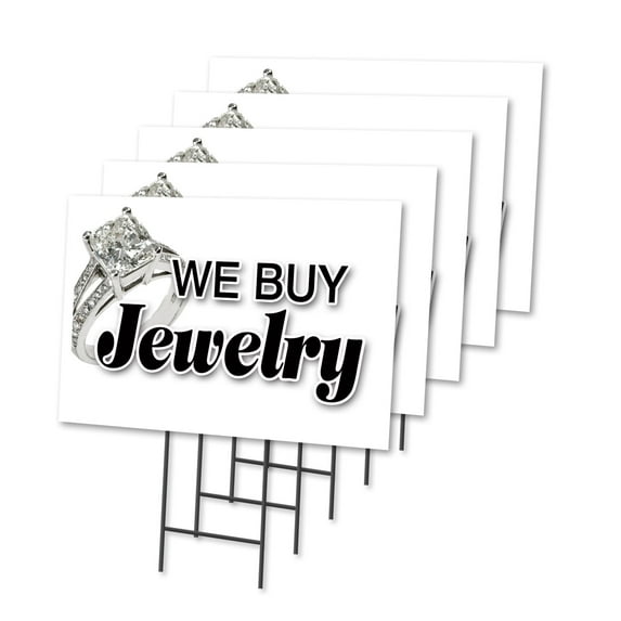 WE BUY JEWELRY 5 Pack Of 12" x 16" Yard Sign & Stake | Advertise Your Business | Stake Included Image On Front Only | Made in The USA