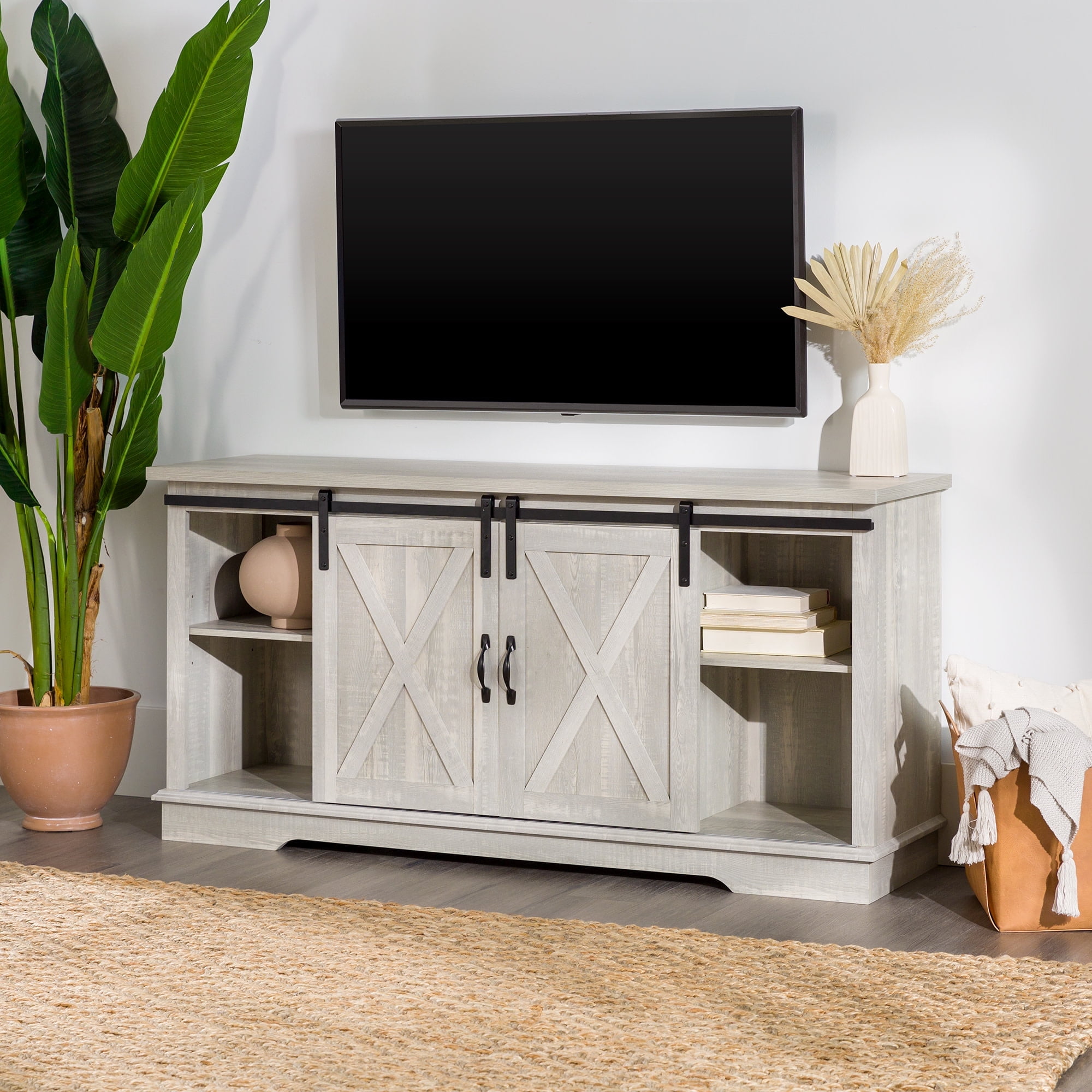 Stone Grey Modern Farmhouse 58" TV Stand with Barn Door Cabinets