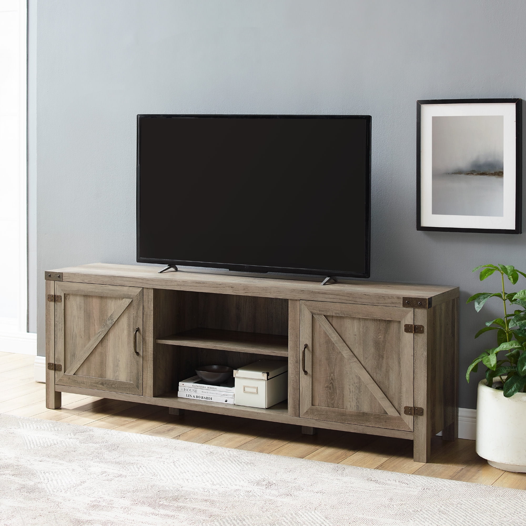 Gray Wash 70" Farmhouse Barn Door TV Stand with Shelves