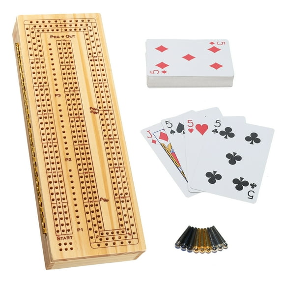 WE Games Continuous 3-Track Wooden Travel Cribbage Board Game Set with 2 Decks of Cards