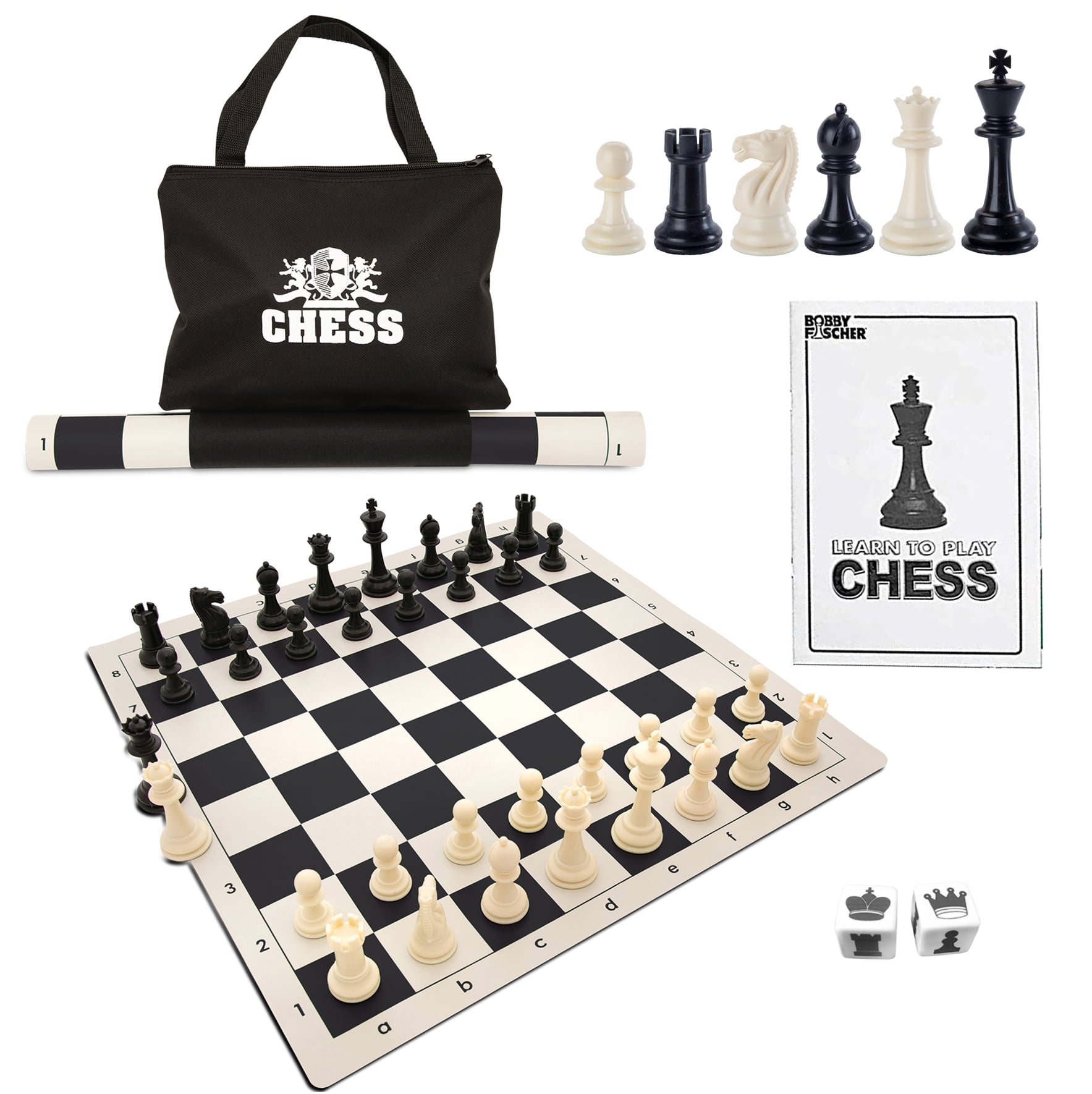 Analysis-Size Plastic Chess Set Black & Ivory Pieces with Black Roll-up Chess  Board