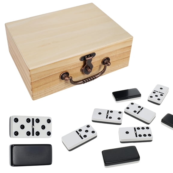 WE Games Double 6 Dominoes, Black & White Two-Toned with Spinners in Wooden Box