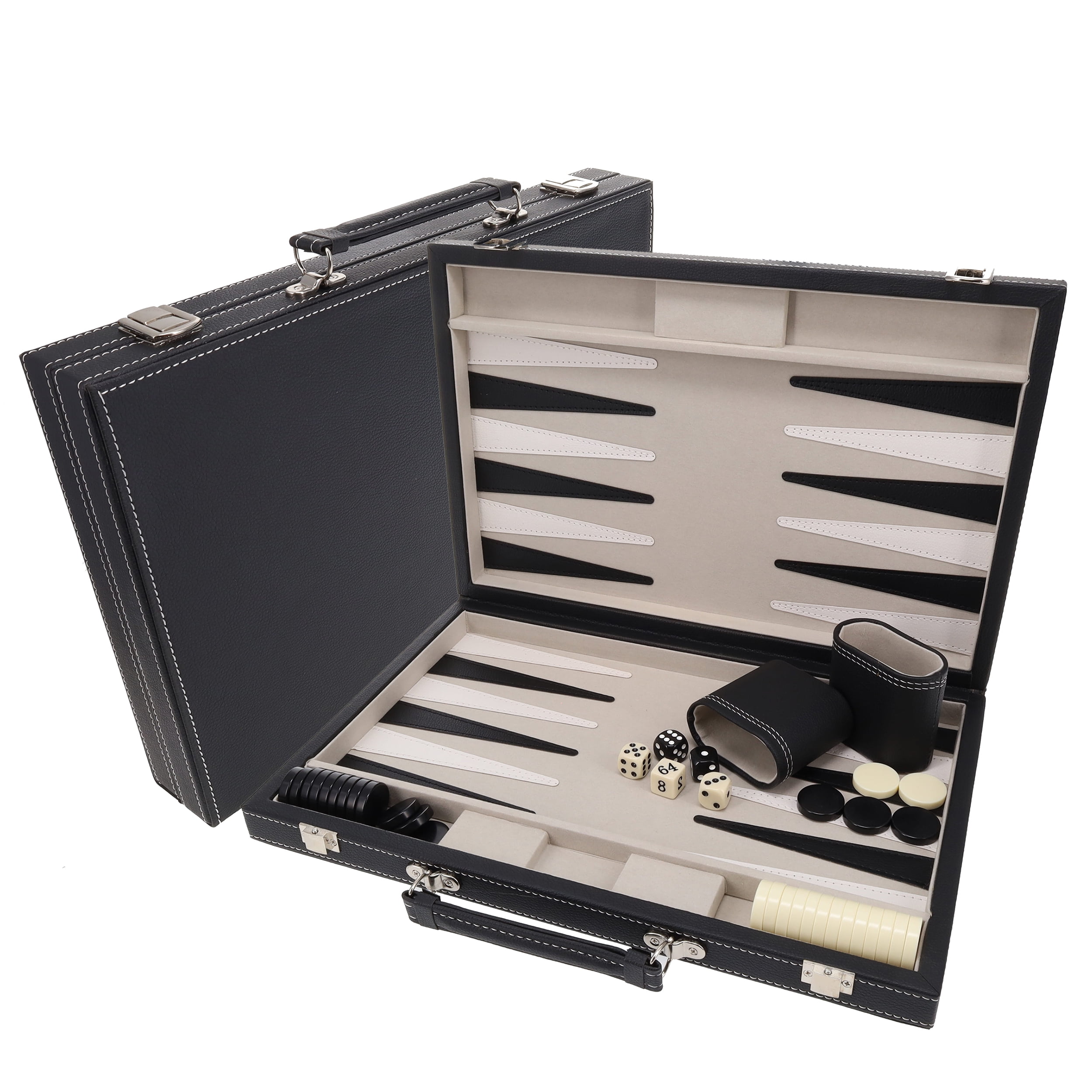 Elegant Black Leatherette Backgammon Set with White Stitching, 15 inches
