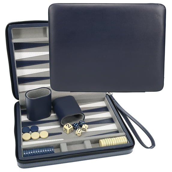 WE Games Magnetic Backgammon Set with Carrying Strap, Travel Size, Navy Blue