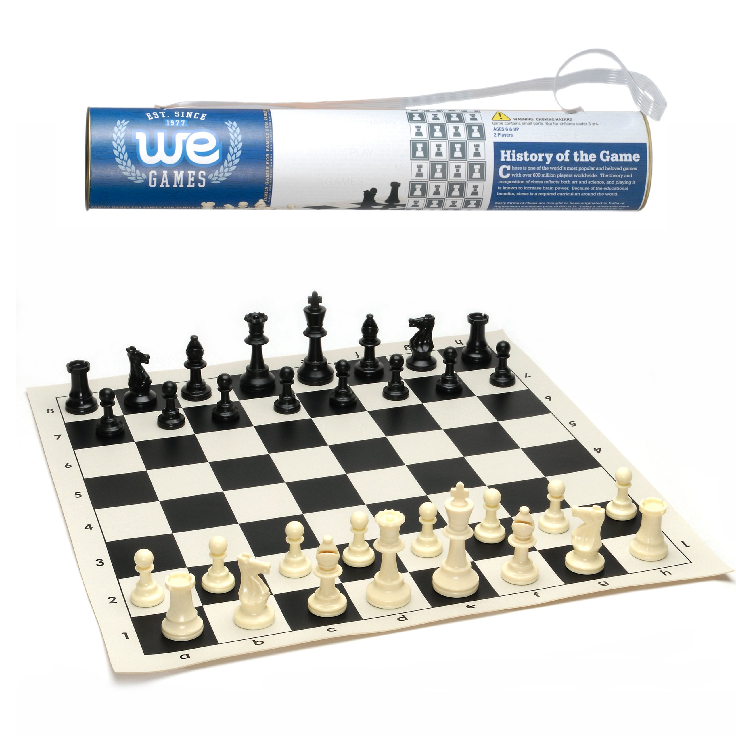 Analysis-Size Plastic Chess Set Black & Ivory Pieces with Black Roll-up  Chess Board