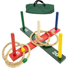 WE Games Rope Ring Toss Yard Game, Throwing Carnival Quoits Set, Solid Wood