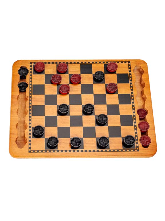 Vintage Checkers Board Game Set with 14.5 inch Solid Wood Board and 24 Red/Black Checkers