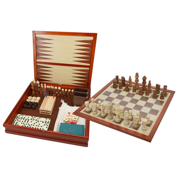 WE Games 7-in-1 Wooden Combo Board Game Set, Chess, Checkers, Backgammon, Dominoes, and Cribbage