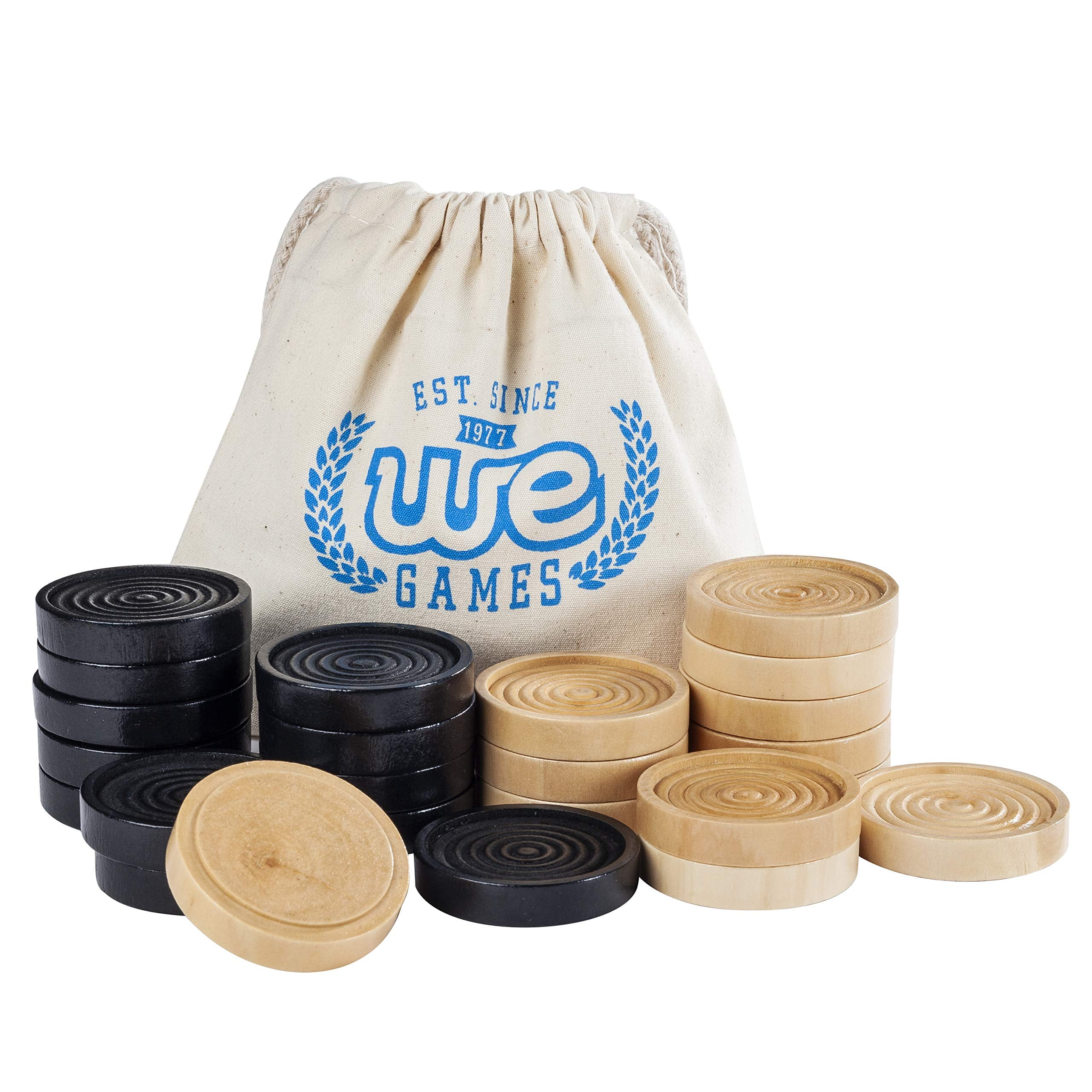 Black and Natural Wooden Checkers with Stackable Ridges, 2 Inches