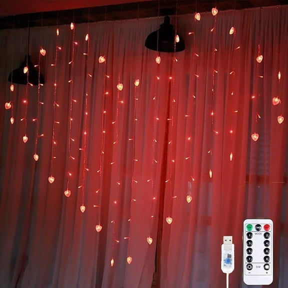 WE LED Light Curtain, Heart-Shaped, 34 Heart 128 LED 8 Modes Star Fairy Lights USB Fairy Lights Curtain for Christmas