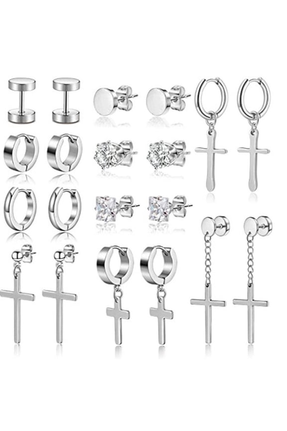 10 Set Long Chain Stud Cross Dangle Earrings Set Cool Titanium Steel Hinged Hoop Stud Dangle Earrings for Mens Silver