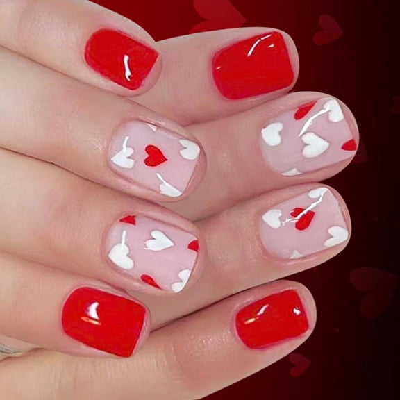 WE-POLUJ 24Pieces Glossy Press On Nail Valentines Theme Square Short Fake Nail With Romantics Heart Patterns
