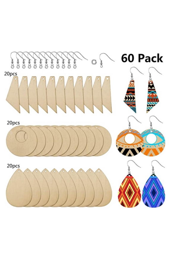 60 Pcs Fashion Unfinished Wooden Earrings Blank Multi-shape Pendants DIY Jewelry