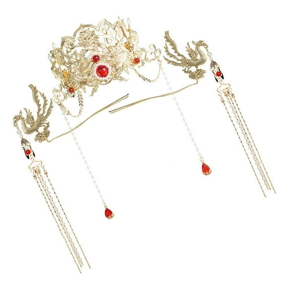 WE-POLUJ Beautiful Chinese Style Phoenixes Crown Bridal Headpiece with Flowing Tassels for Weddings and Special Ceremonies