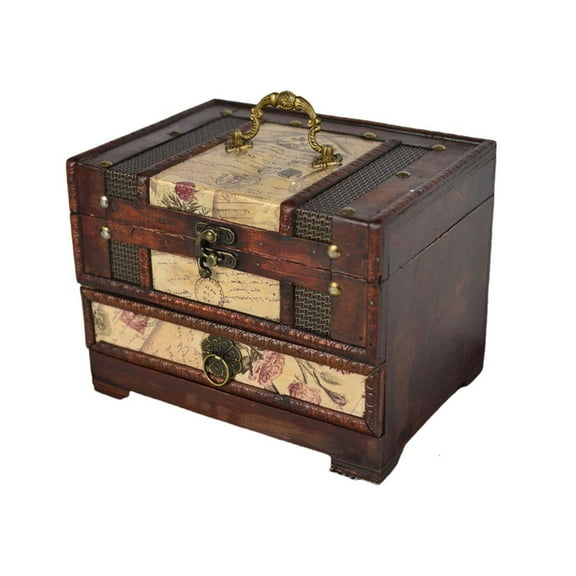 WE-POLUJ Handmade Antique Wooden Jewelry Container Lockable Box Stylish Storage Organizer Case for Rings Earrings Necklaces