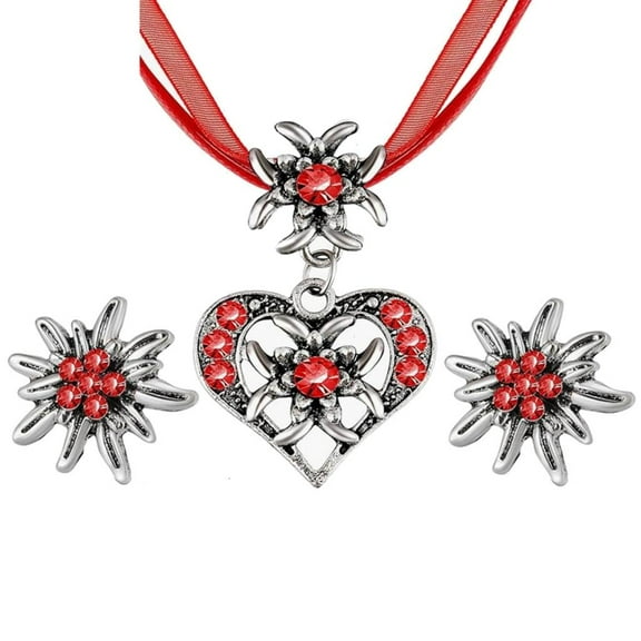 WE-POLUJ Heart Shape Edelweiss Necklace Crystal Dangle Drop Earrings for Women Clavicle Chain Jewelry Set Oktoberfest Choker