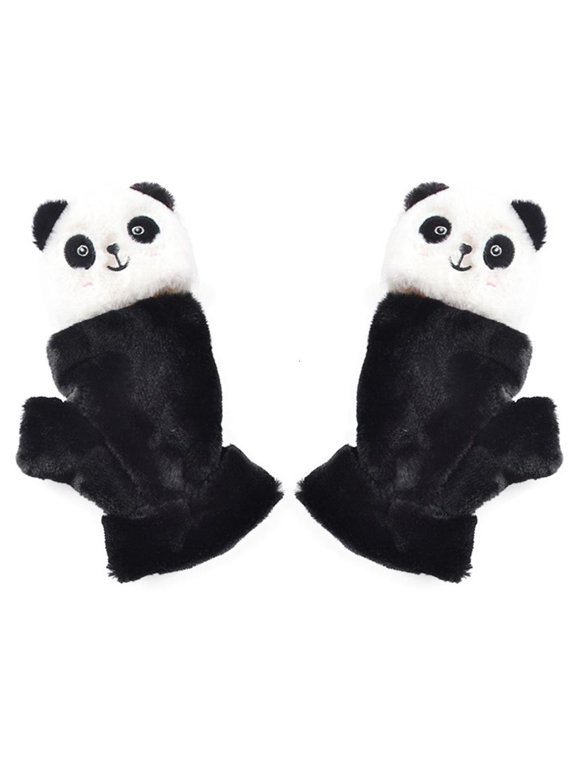 Plush Panda Gloves Cartoon Animal Half Finger Gloves with Flip Top Soft Elastic Gloves Stretchy Glove for Women