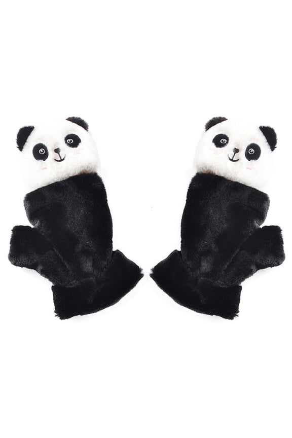 Plush Panda Gloves Cartoon Animal Half Finger Gloves with Flip Top Soft Elastic Gloves Stretchy Glove for Women