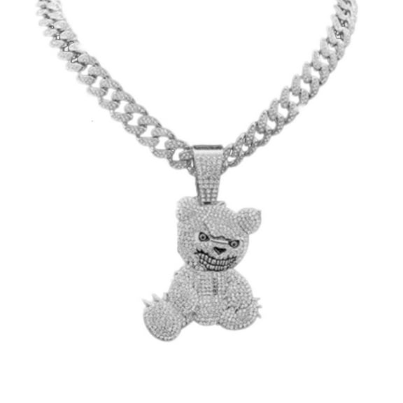 WE-POLUJ Unique Bear Pendant Necklace Mens Bling Rhinestones Cuban Link Diamonds Chain Neckchain Adjustable Length Choker