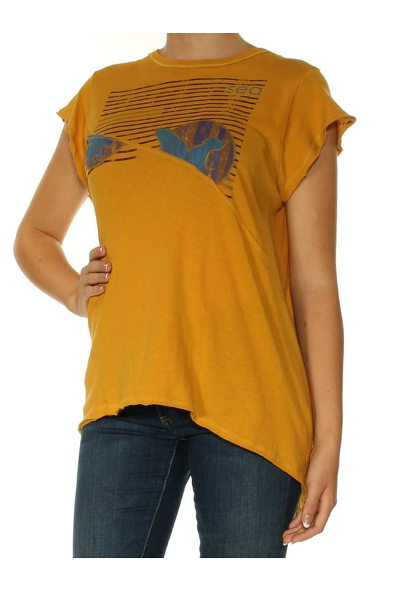 $68 Womens New 1215 Gold Printed Cut Out Short Sleeve Top M B+B