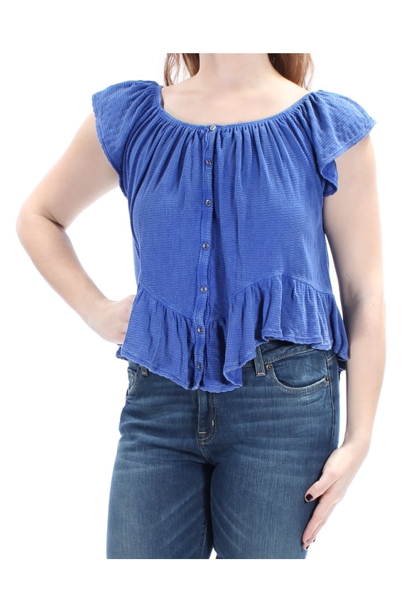 WE THE FREE $68 Womens New 1690 Blue Ruffled Textured Cap Sleeve Top XS B+B