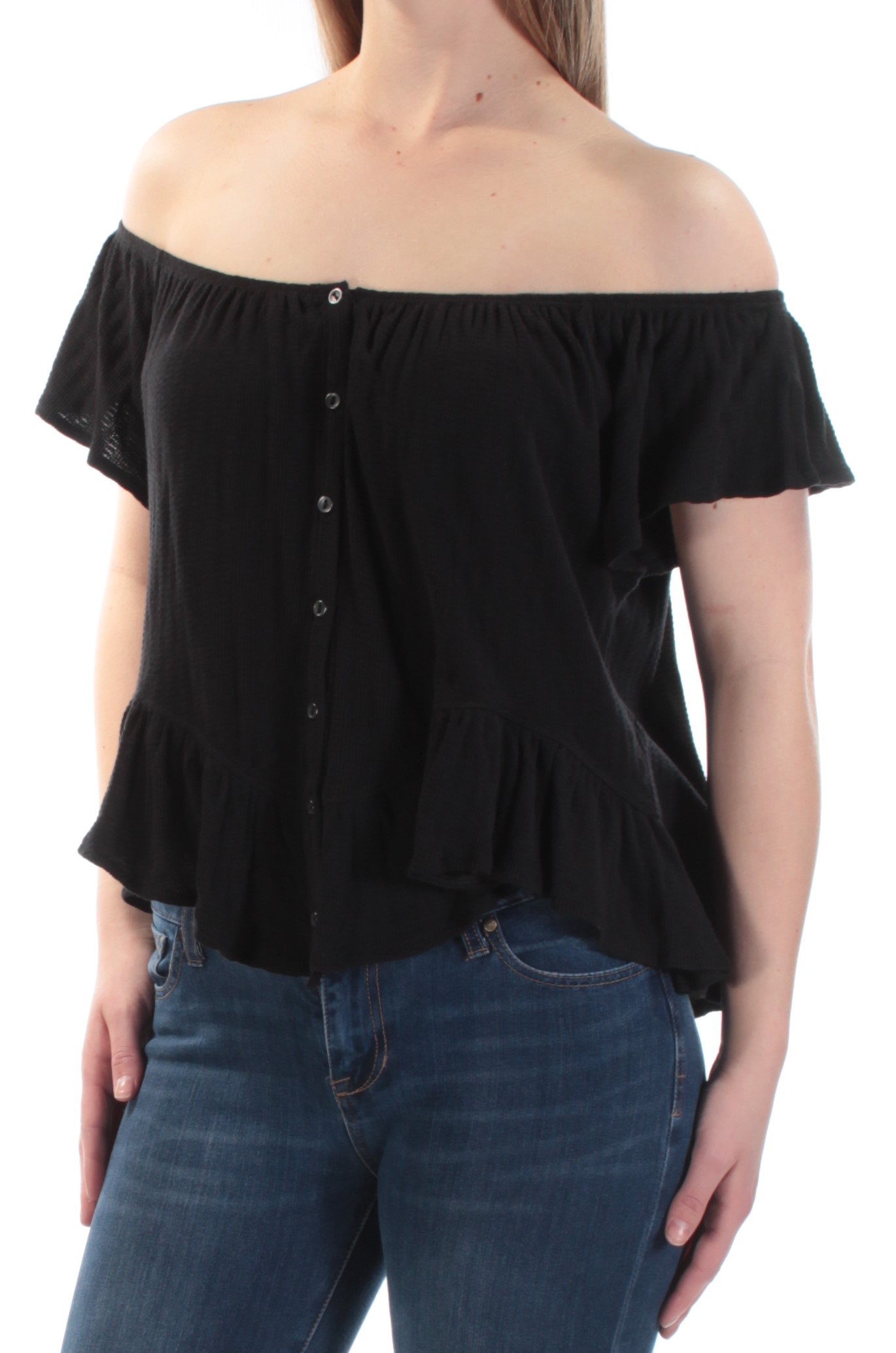 WE THE FREE Womens Black Short Sleeve Off Shoulder Top S
