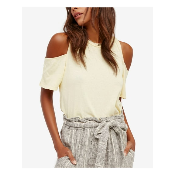 WE THE FREE Womens Yellow Cold Shoulder Open Back Short Sleeve Top L