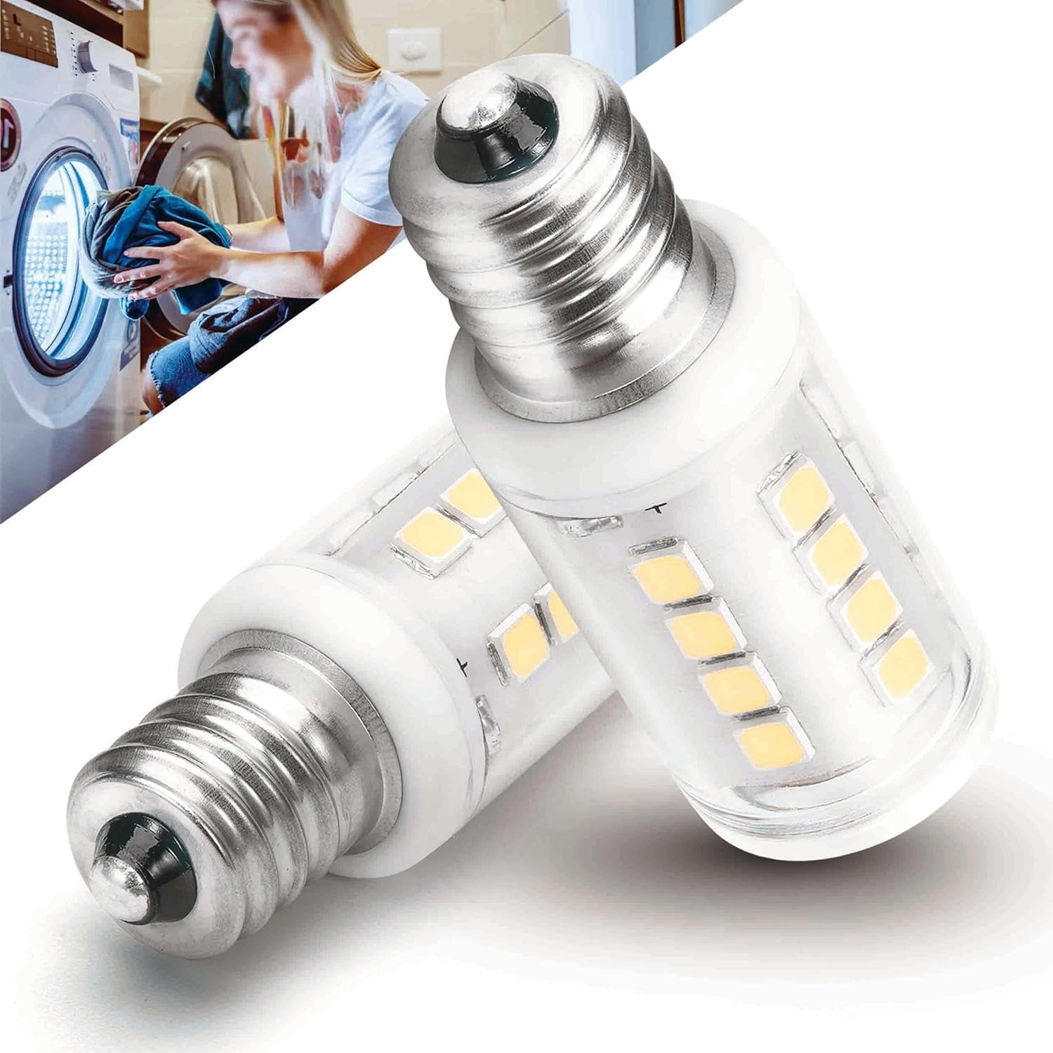 WE05X20431 dryer drum LED bulb 3W 120V E12 candle base, 10W 25W 40W replacement electric light bulbs 6000K white, compatible with G-E dryer replacement WP22002263 WE4M305 WP3395618, packaged as 2