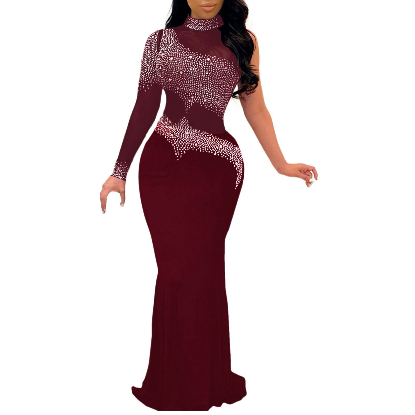 WEAIXIMIUNG Mesh Rhinestone Women Dress Elegant And Pretty Women Long