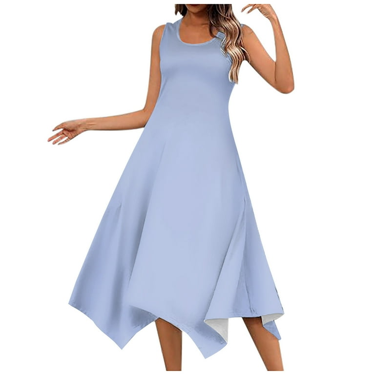WEAIXIMIUNG Midi Dresses for Women with Sleeves formal Cute Women s Fashion Spring Summer Solid Color Retro Irregular Hem Round Neck Sleeveless Pocket