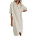 thumbnail image 1 of WEAIXIMIUNG Spring Dresses for Women 2024 Wedding Guest Sleeves Women Fashion Solid Elegant Casual Loose Short Sleeve Button Skirt Long Pocket Shirt Dress XXL Beige, 1 of 5