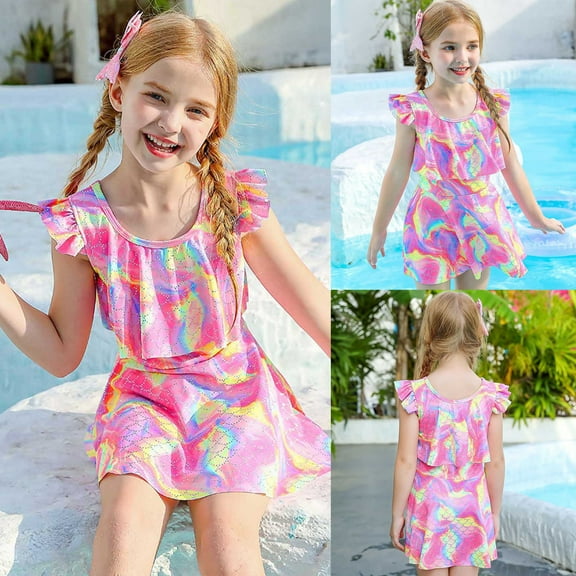 WEAIXIMIUNG Toddler Swimsuit 5t Summer Child Girls Fly Sleeve Prints Swimwear Toddler Beach Swimsuit Bikini Shorts Set 140