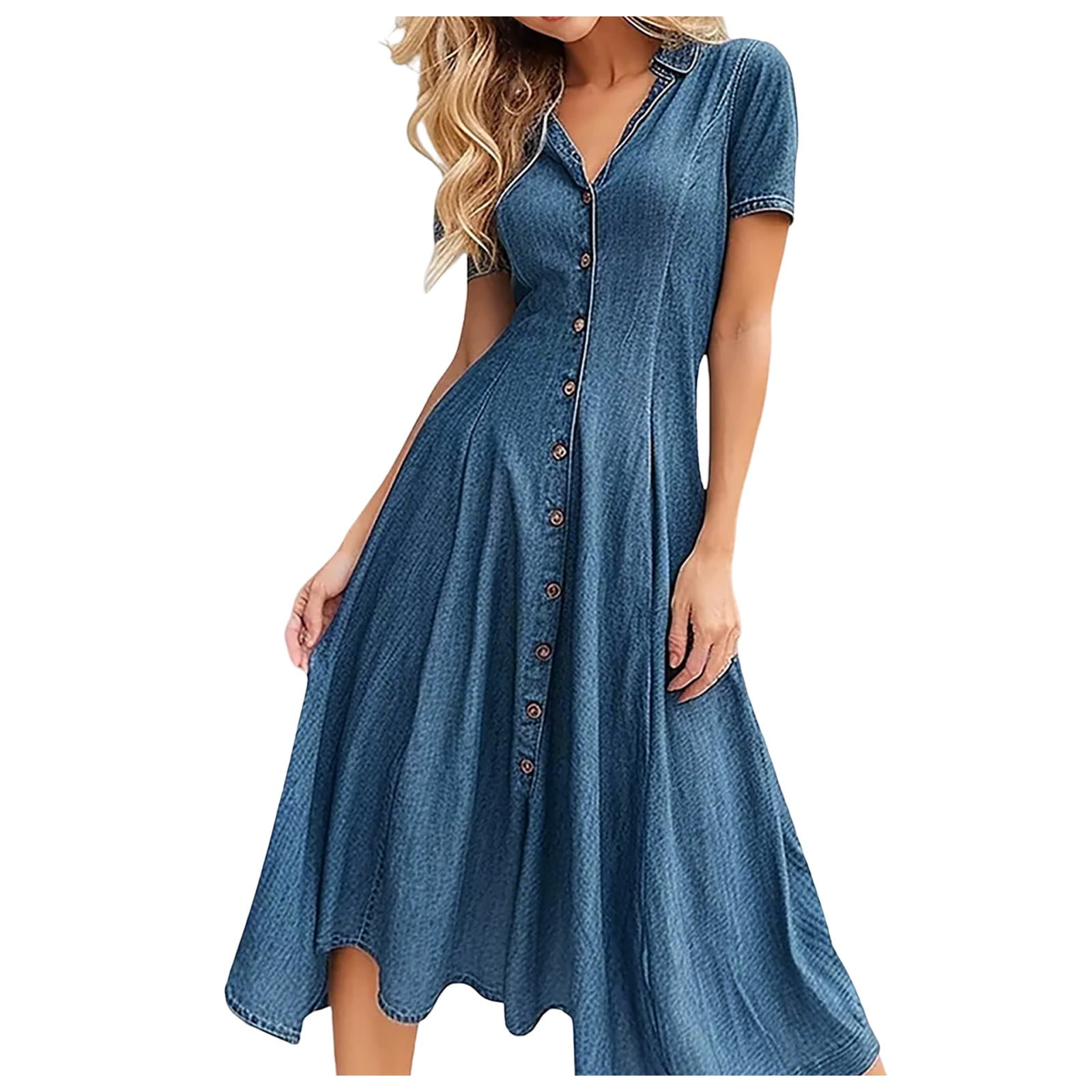WEAIXIMIUNG Women Casual Solid Dress Short Sleeve V Neck Pocket Dress ...