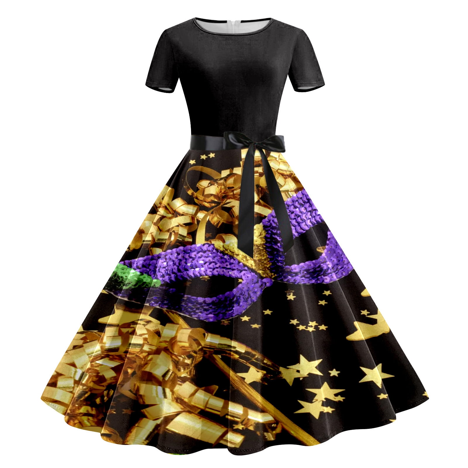 WEAIXIMIUNG Women Print Short Sleeve 1950s Evening Party Prom Dress