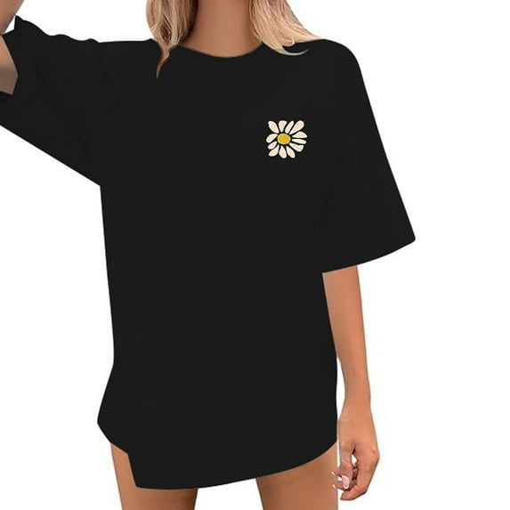 WEAIXIMIUNG Women's Casual Fashionable Colorful Wildflower Print Crew Neck Oversized T Shirt Tops Tops for Women Trending Black XL