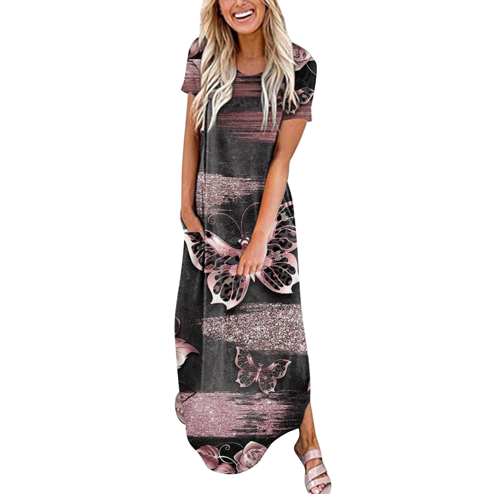 WEAIXIMIUNG Women's Casual Loose Short Sleeve Beach Dress Dress Slit ...