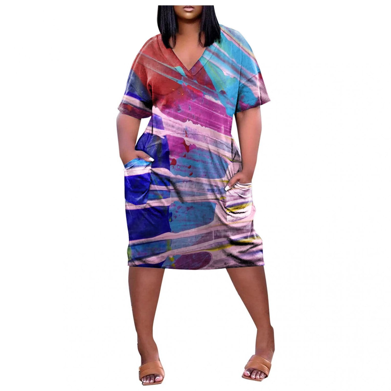 Women's 3D Print Flared Midi Dress - Blue Galaxy Pattern, Short Sleeve, A-Line Swing Fit (Medium) - View #2