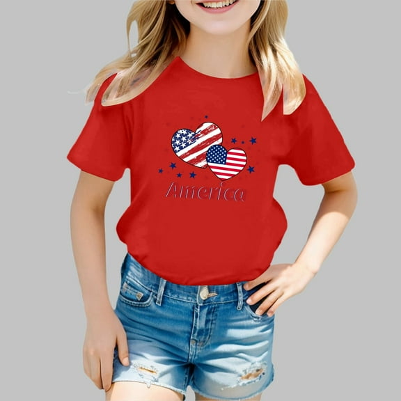 WEAIXIMIUNG plus Size Girls Clothes Girl's 4th Of July Patriotic Short Sleeve T Shirt Cute Independence Day Flag Print Tee Comfortable Casual Summer Top For Toddler Kids 160