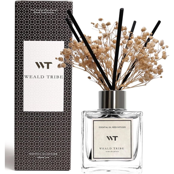 WEALD TRIBE Reed Diffuser Set for Bathroom Air Fresheners with Real Flower, Oil Diffuser Stick | Vanilla Whiskey Scent 5.1 fl oz Home Fragrance with Sticks Defusers | House Bedroom Office Shelf Decor