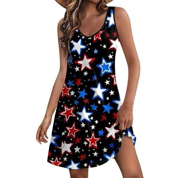 WEANT 4th of July V Neck Dress American Flag Sleeveless Tank Dress Women Usa Stars and Stripe Dress Black L