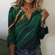 WEANT Casual Tops for Women, Tops for Women Dressy Casual, Women's Top Loose Casual V-neck Printed Blouses Bell 3/4 Sleeve T-shirt, Dark Green, XXXL
