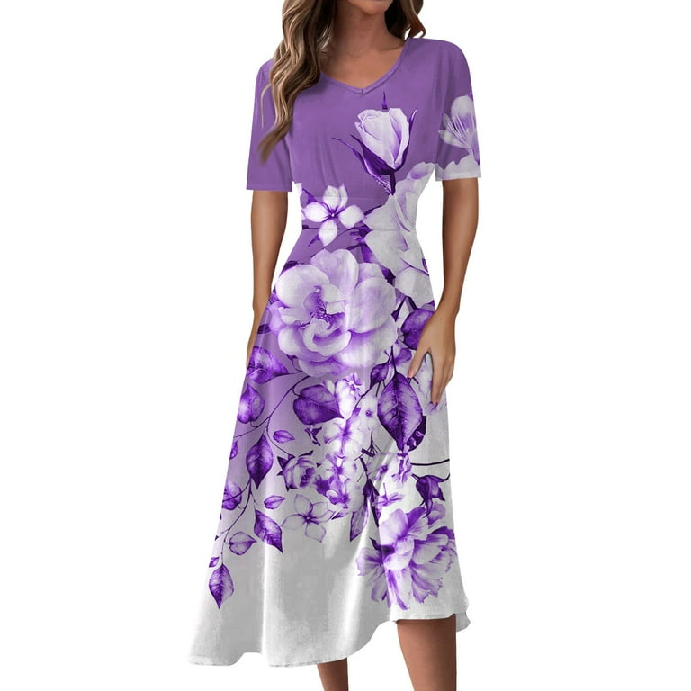 WEANT Formal Dresses for Women Spring Wedding Guest Dress Women s 1950s Vintage Formal Church Dress Print Color Cocktail Style Swing Dresses Purple S Walmart