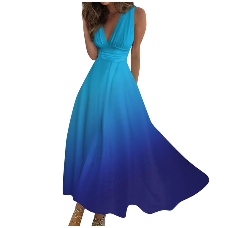 WEANT Graduation Dress Cruise Outfits for Women 2024 Formal Dress Women s Wrap V Neck Sleeveless Print Wedding Guest Dress Smocked Elastic Waist Tiered Belted Ruffle Hem Maxi Dress Blue S Walmart