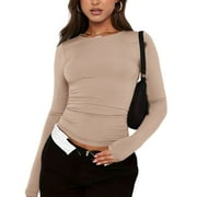 WEANT Plain Long Sleeve Shirt Women, Long Sleeve White Tshirt Women, Girls White Long Sleeve Shirt, Scrubs for Women (Beige, X-Small)