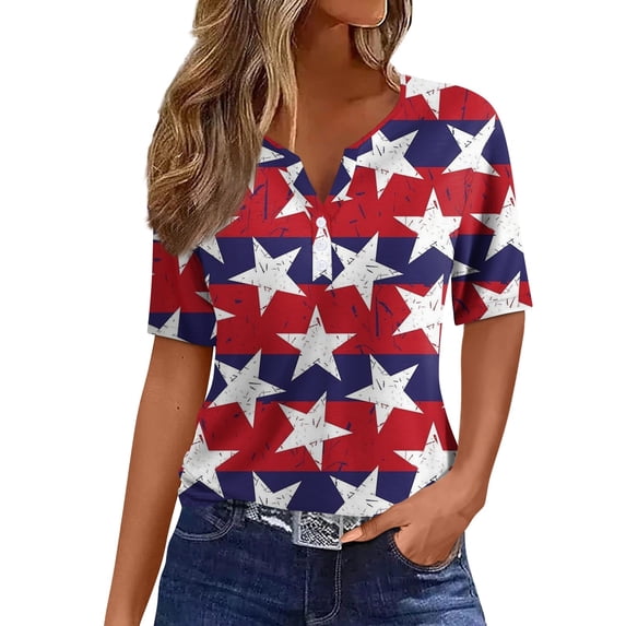 WEANT Plus Size Summer Tops for Women Fouth Of July Casual Independence Day Henley V Neck Short Sleeve Ladies Blouses Dressy T Shirts Boho Usa Celebration Outfits for Women Dark Purple 3XL