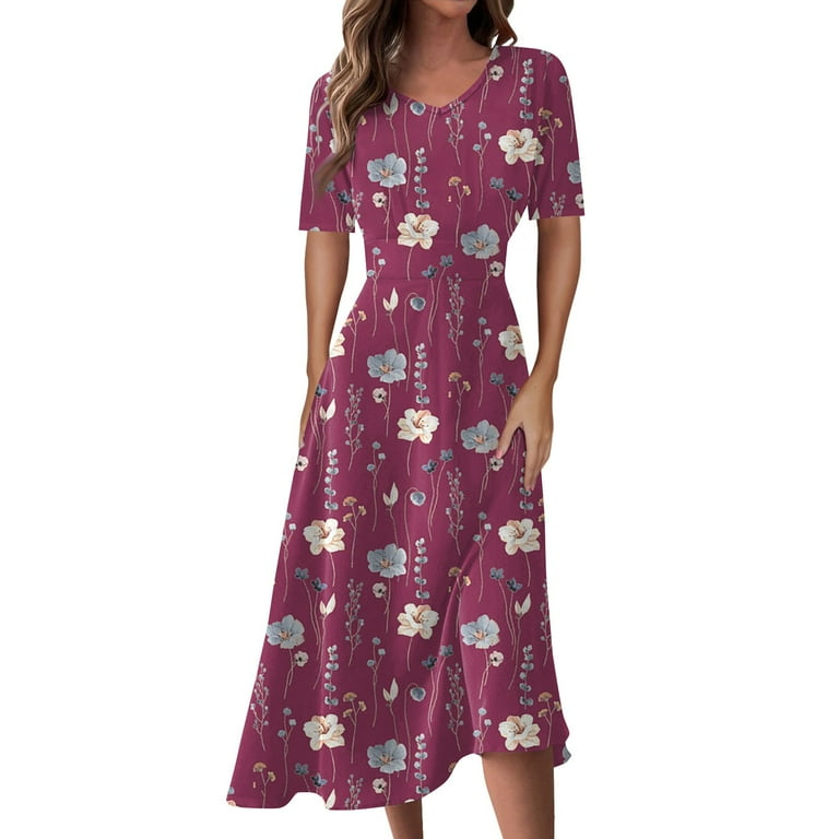 WEANT Semi Formal Dresses for Women Pastel Dress for Women Women s Cocktail Party Dress Formal Church Dress for Wedding Guest Floral Print Fit Flare Modest Prom Midi Evening Dress Hot Pink XL